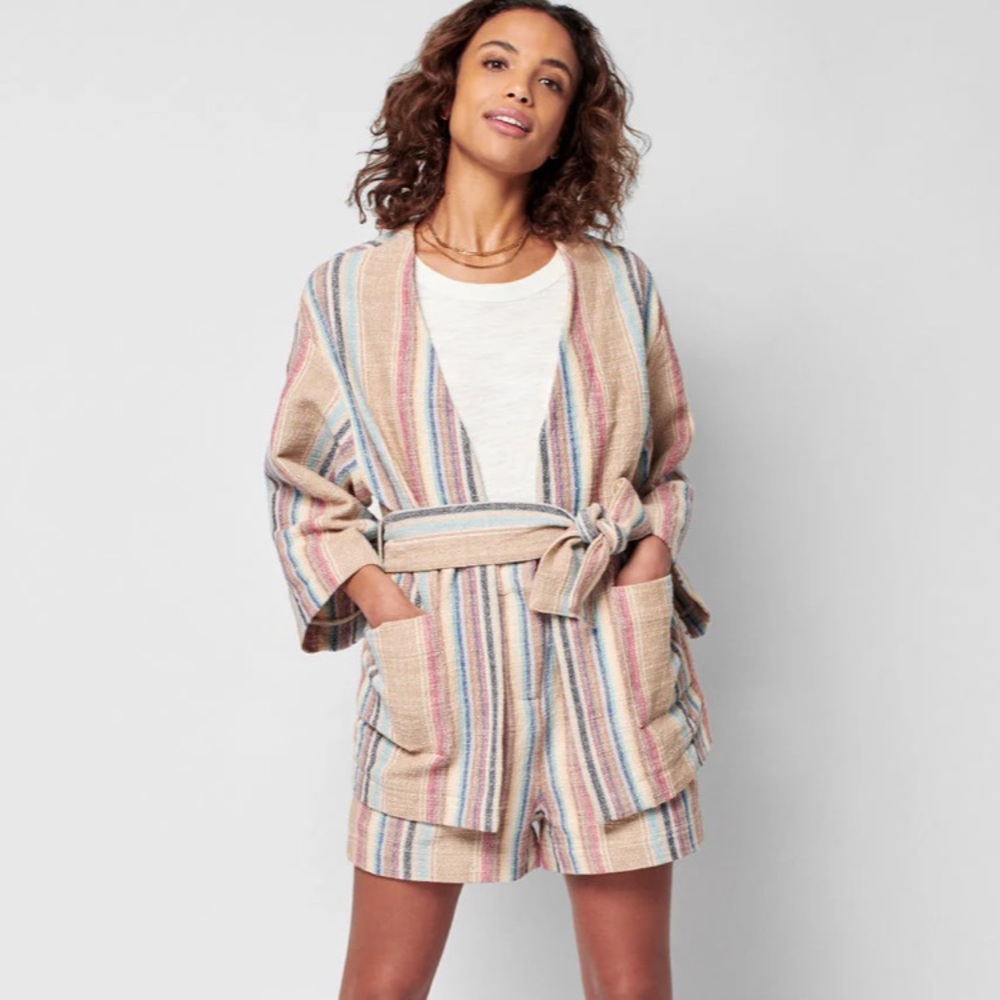 Faherty Mykonos Jacket Surfrider Striped Top Oversized Tie Kimono Wrap Blazer
